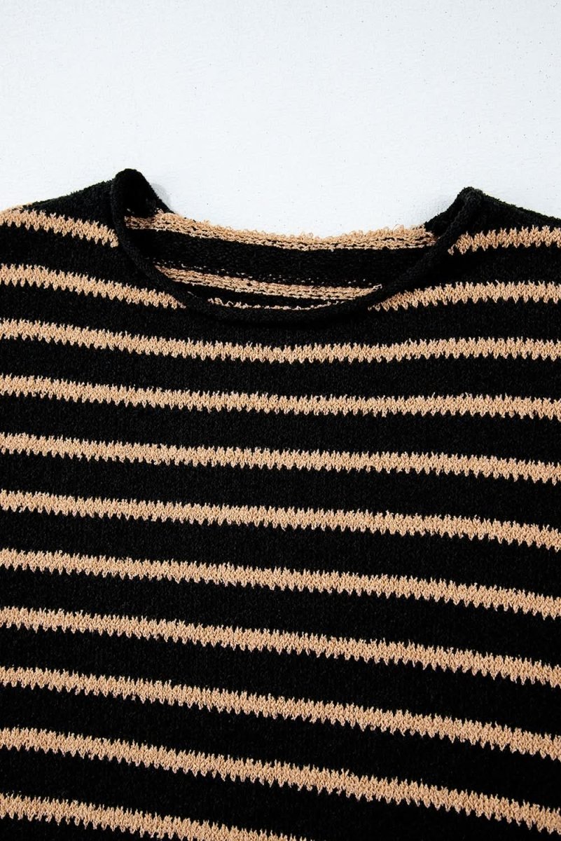Trendy Black Striped Oversized Round Neck Sweater - Love Salve